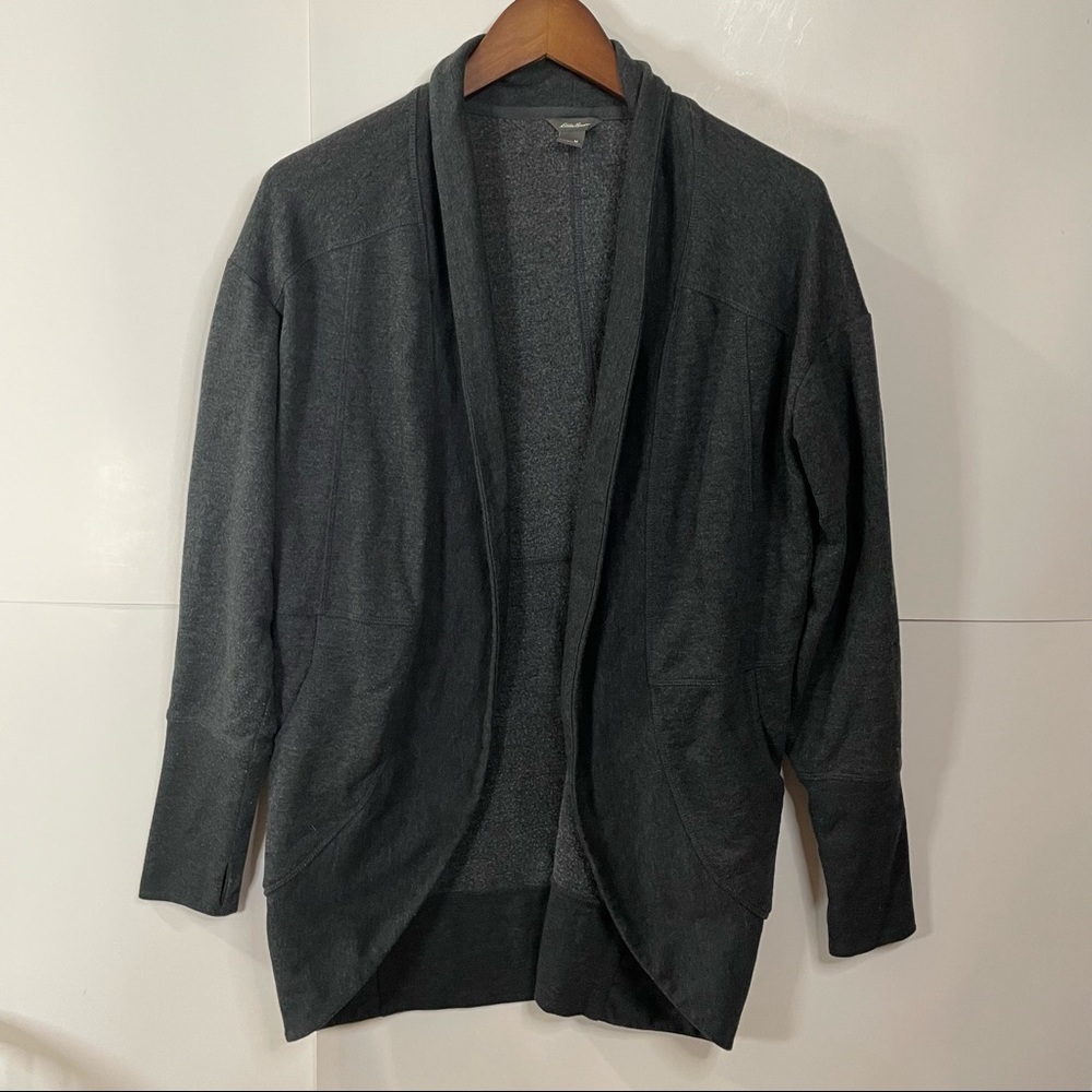 Eddie Bauer Fleece Wrap Cardigan Womens Medium Gray Open Front Thumbhole Sleeve